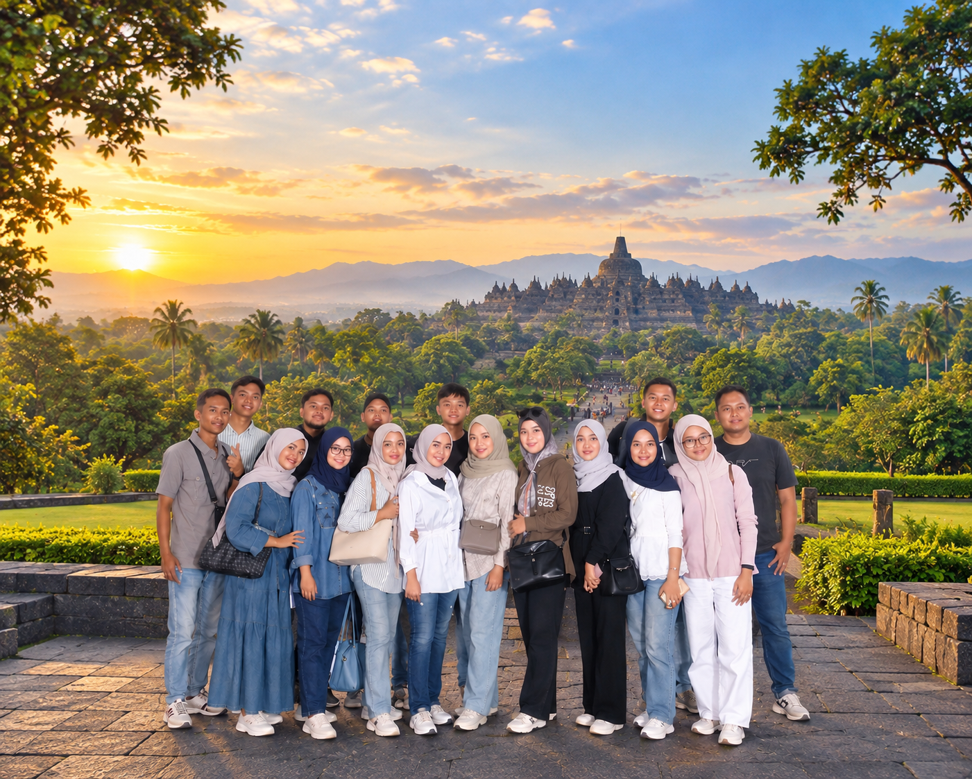 Group Photo with a View of Borobudur Temple